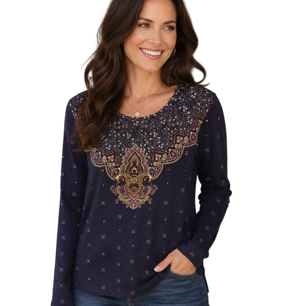 Talbots Tee Womens Large Navy Medallion Floral Cotton Stretch Preppy Knit Top